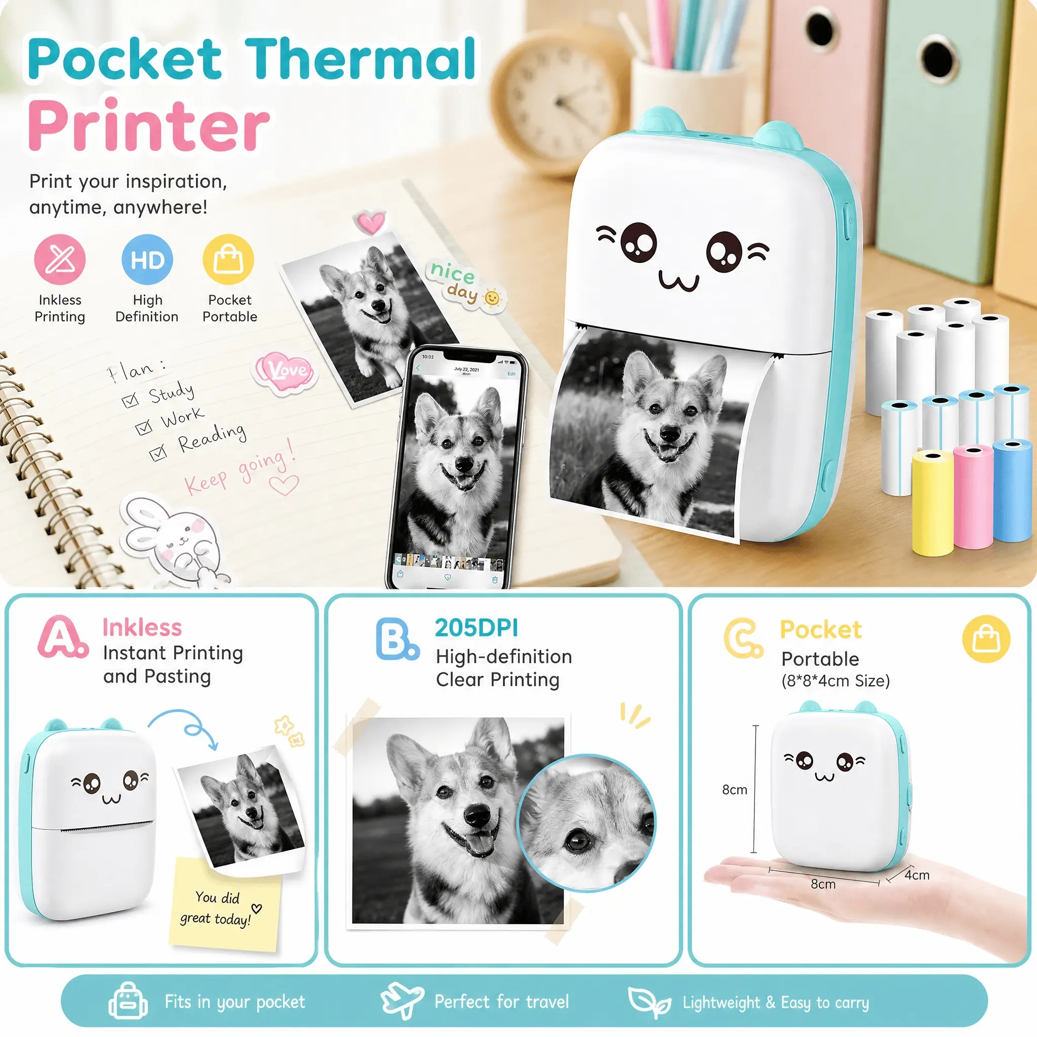 1 Piece Self-Adhesive Thermal Printer, Inkless Label Printer, 57 X 25mm, Portable PET, Ideal for Printing Labels and Notes, Home Office