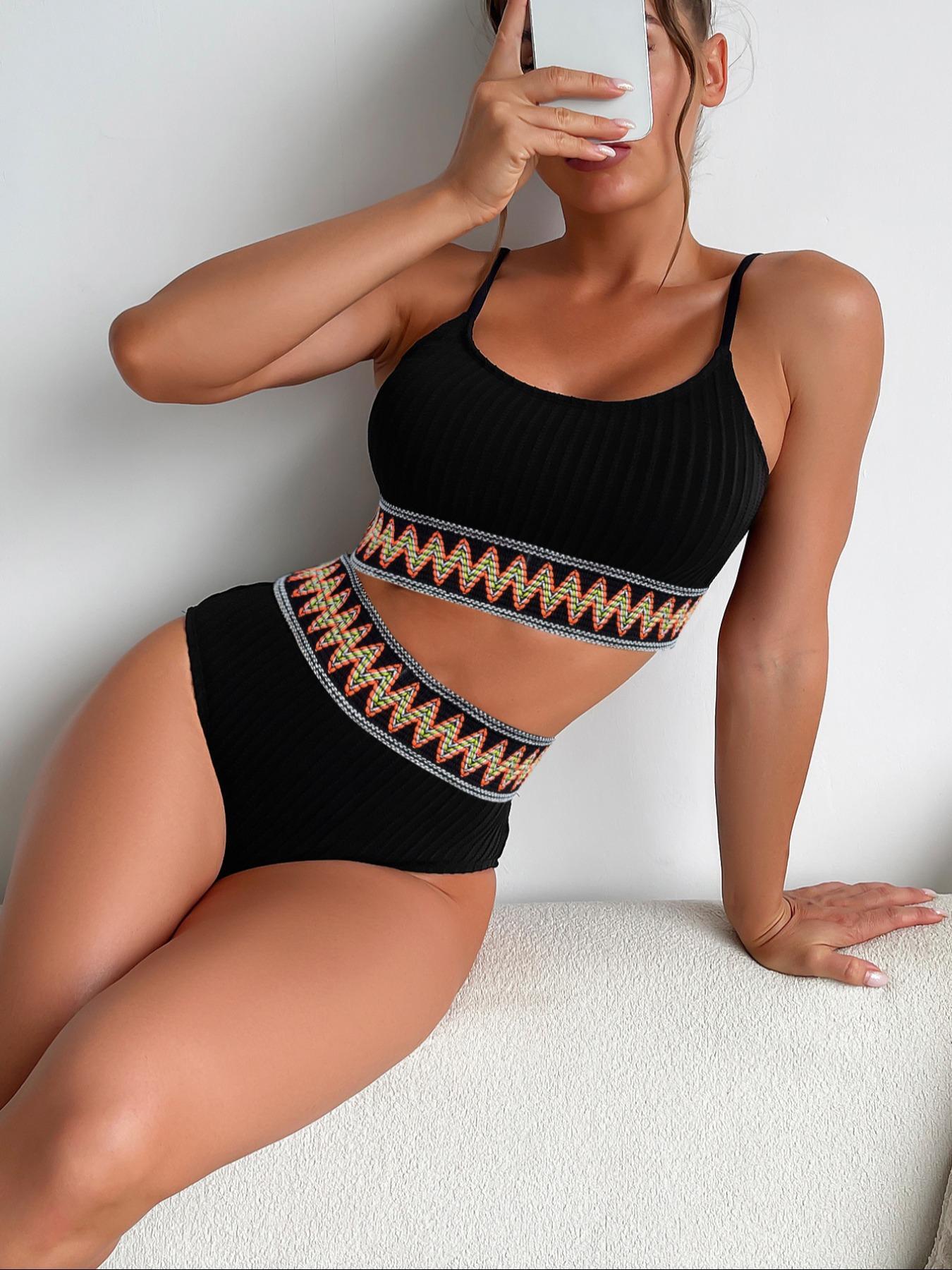 Two-Piece Set Women's Sexy Textured Contrast Chevron Tape Swimsuit Set, Summer Clothes Women, Ribbed Bikini Top & High Waisted Swimwear, Summer Outfits 2024, Women's Swimsuit for Beach Vacation Holiday