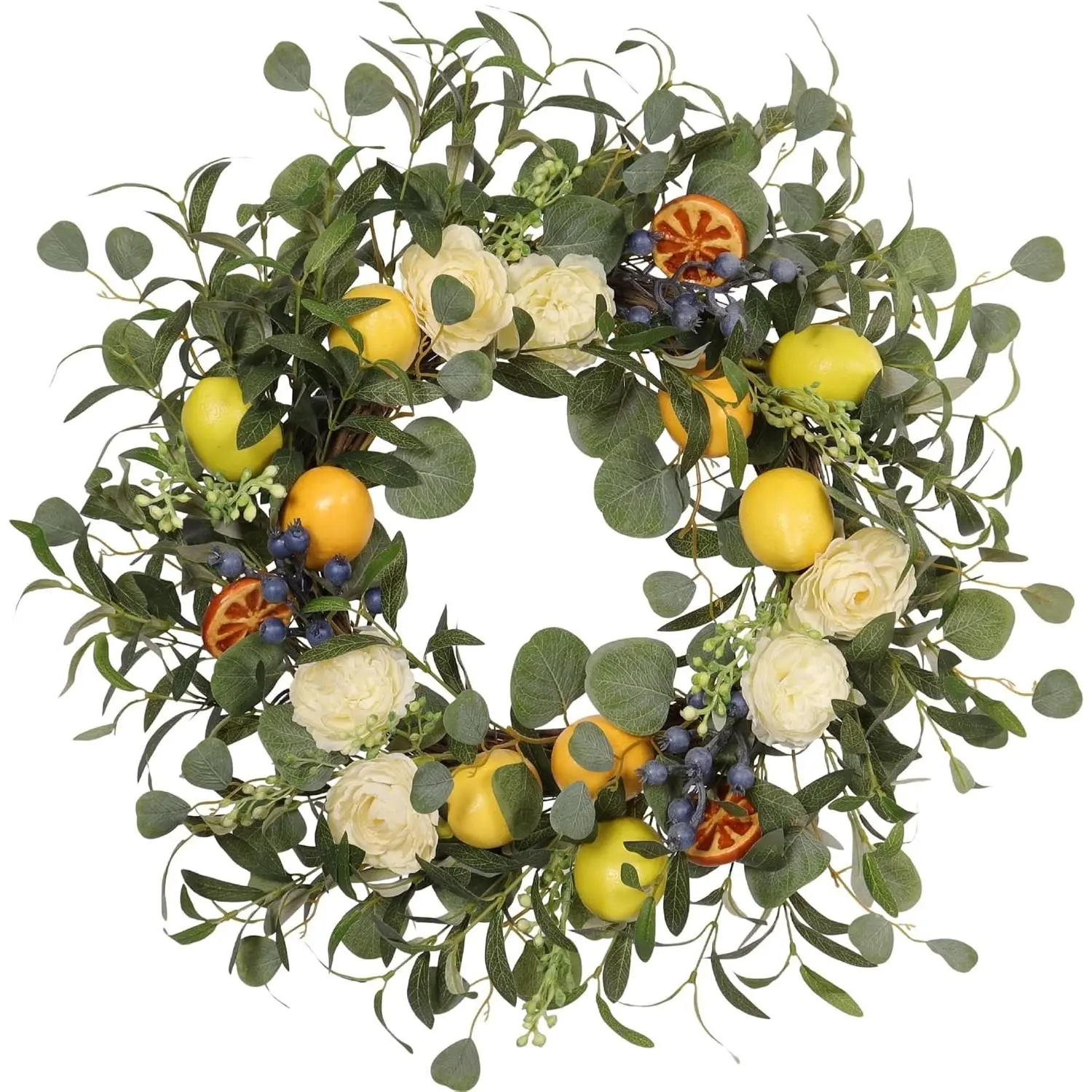 22 Inch Lemon Wreath for Front Door, UV Resistant Faux Dried Orange Citrus Floral, Waterproof Farmhouse Spring Summer Wreath with Olive Leaves