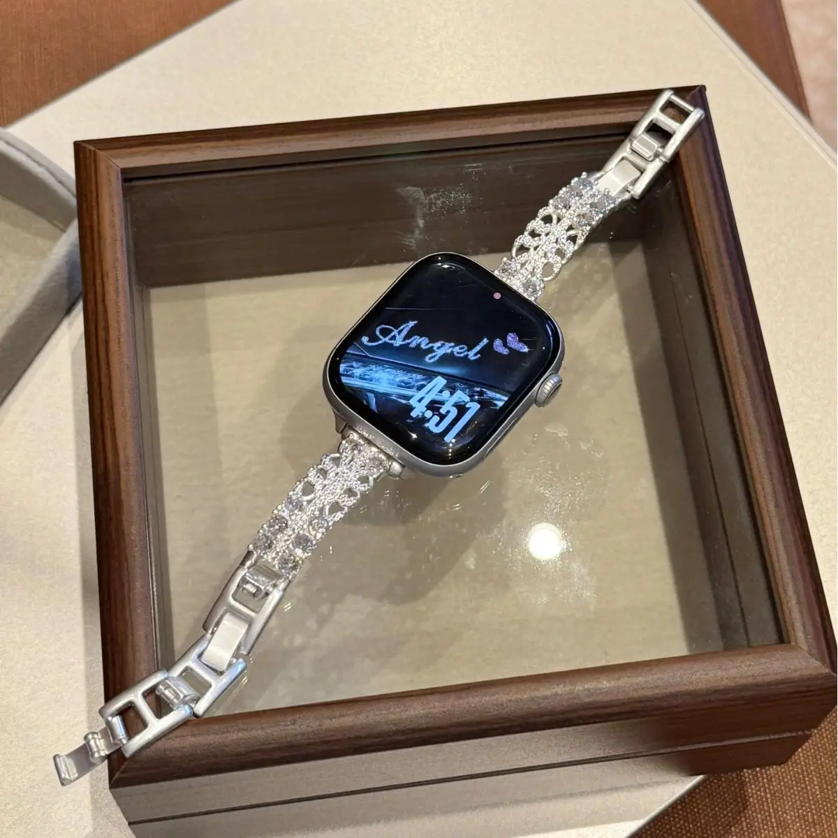 Glitter Broken-Glitter Rhinestone & Solid Link Spliced Metal Watch Strap, Luxury Sparkling Bracelet Band for Apple Watch