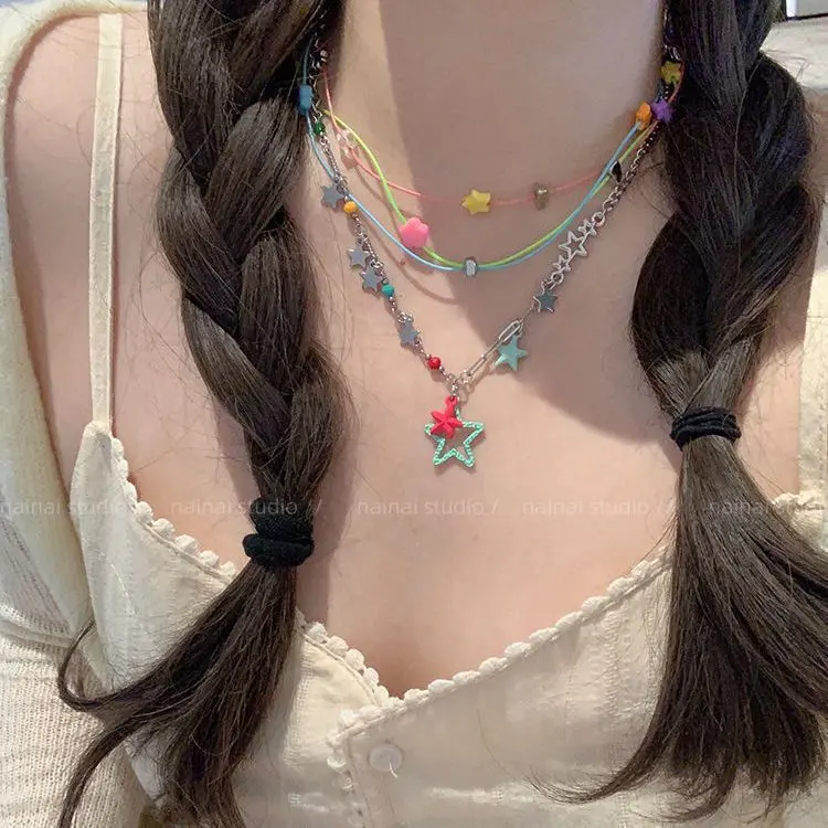 Dopamine Candy‑Colored Star Tassel Necklace for Women, Sweet Cool Clavicle Chain, Trendy Y2K Spicy Girl Neck Accessory, Perfect Back‑to‑School Gift for Girls
