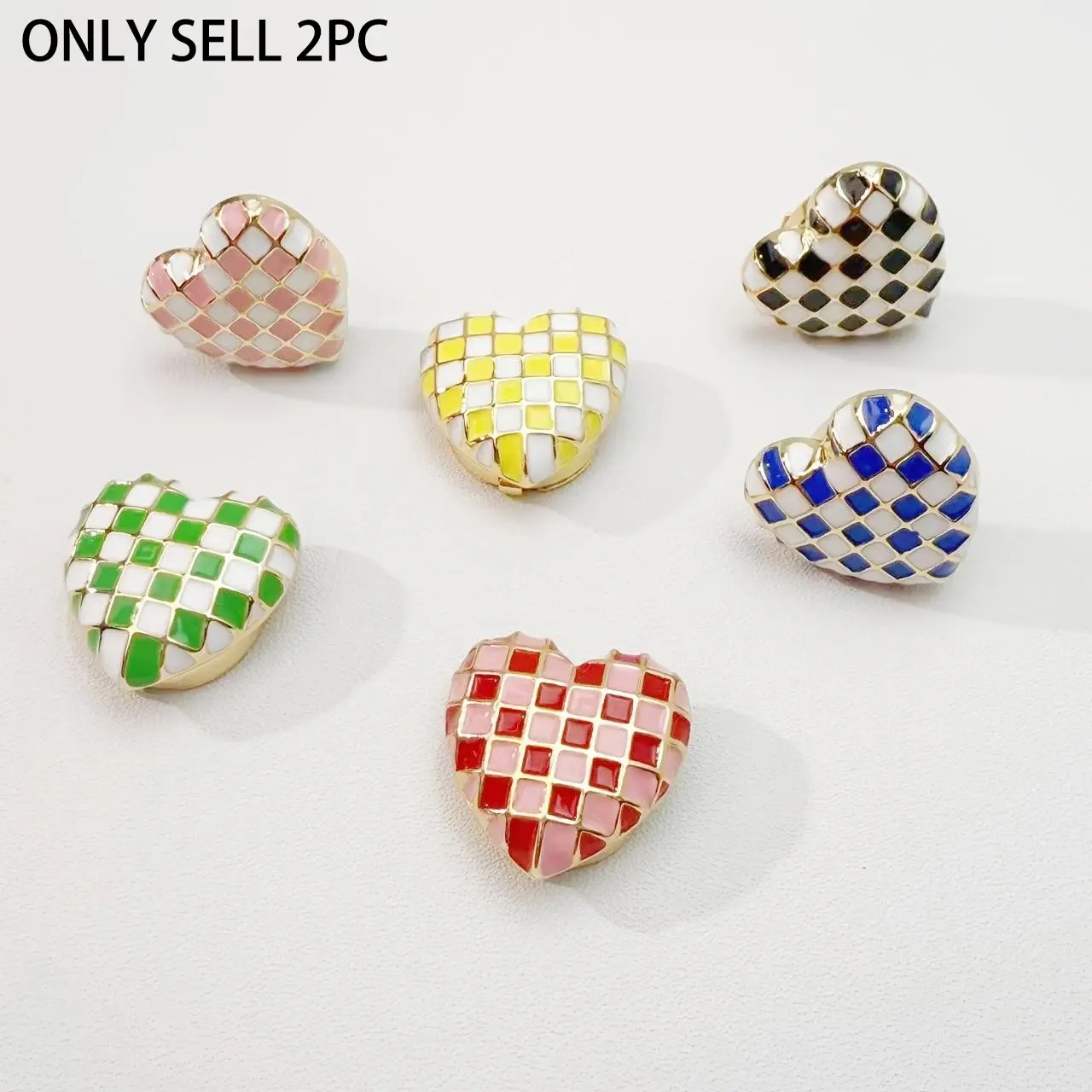 2Pcs Color Plaid Heart Shaped Metal Button Covers, No Sew Removable Buttons with 6 Colors, Fashion Decorative Buttons for Shirt Collar & Cuff, Suit and Dress, Easy to Wear in 3 Seconds, Unisex Accessories for Daily Work, Dating, Business and Holiday Gifts