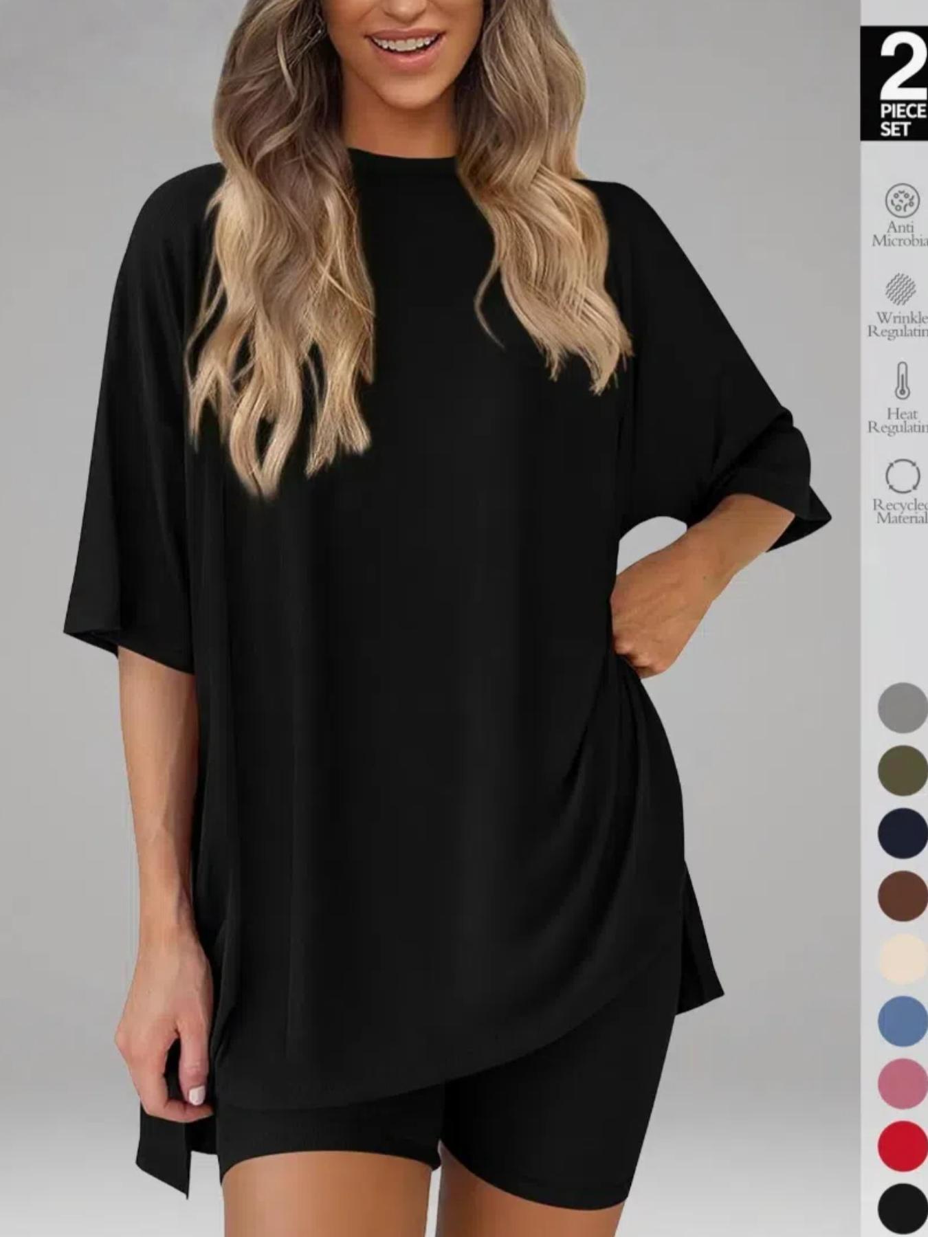 Women's Solid Color T-Shirt and Tight Shorts Loungewear Set, Casual Comfortable Round Neck Sleepwear for Summer, Features Pockets and Suitable for Outdoor Wear