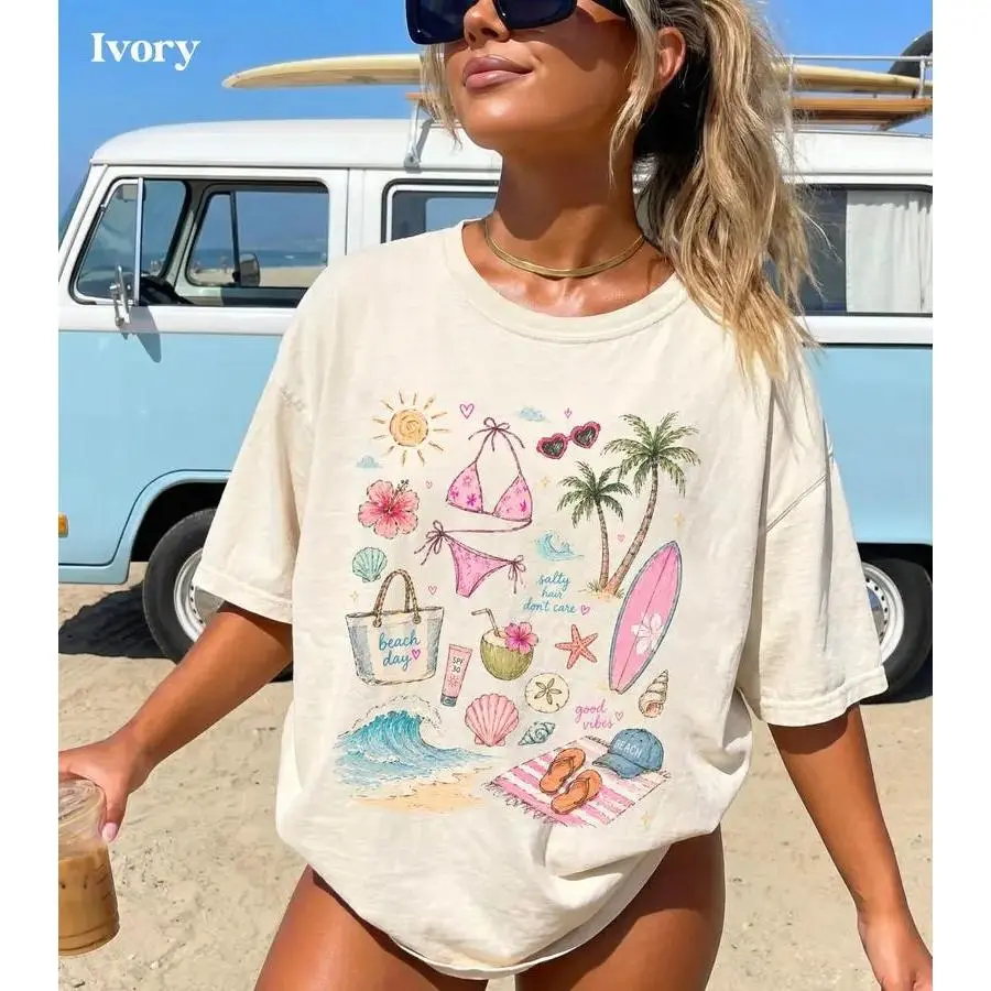 Vintage Coastal Graphic T-Shirt - Round Neck, Sporty Chic, Seashell Print, Spirit Era Art, Nature Lover Gift for Athlete Life, Hiking/Light Outdoor, Fitness for Everyone Sports Top