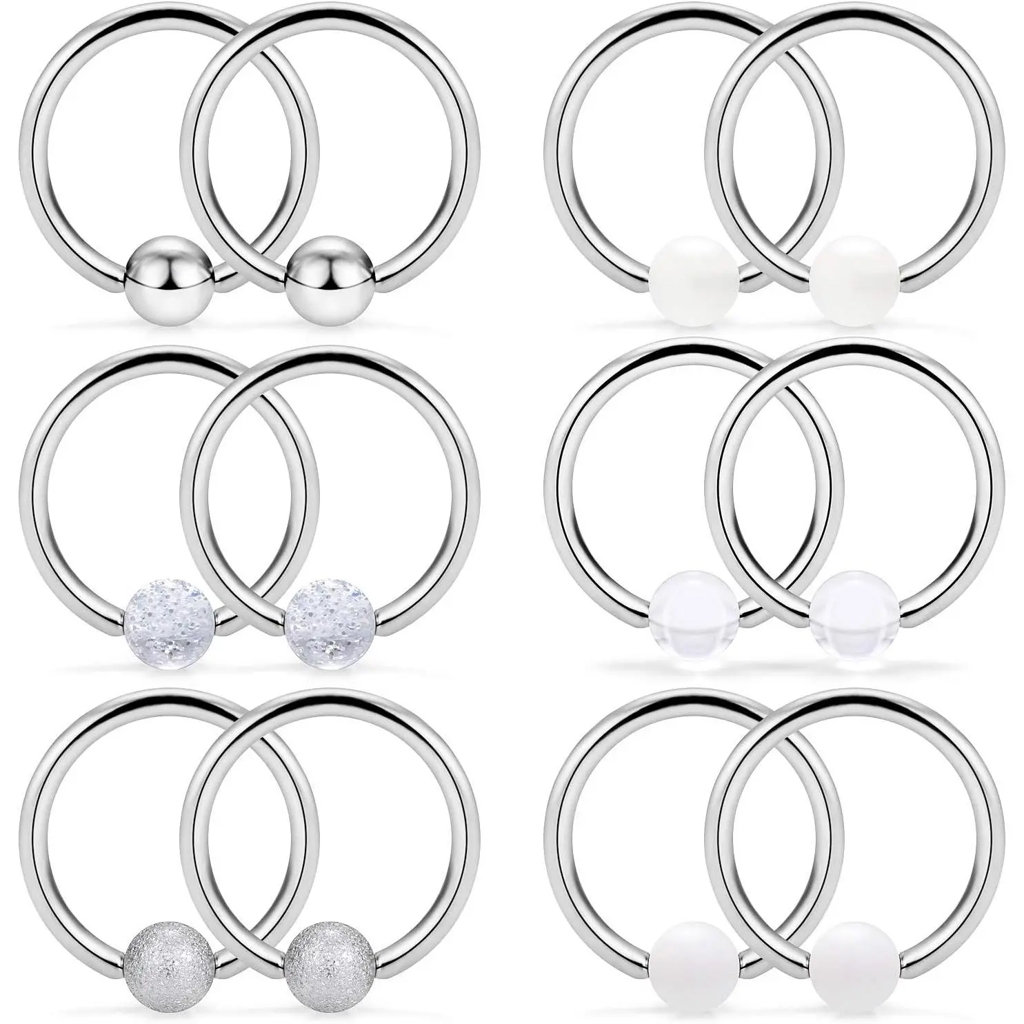 6 Pairs 14G Stainless Steel Captive Bead Ring Nipple Rings Hoop Cartilage Earrings Nipplerings   for Women Men 14mm 16mm