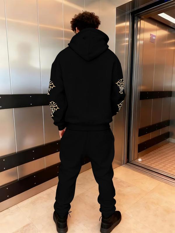 Men's Gothic Font Print Hoodie Set, Fitted Warm Winter, Street Style Jogger Pants, Comfortable No Match Needed