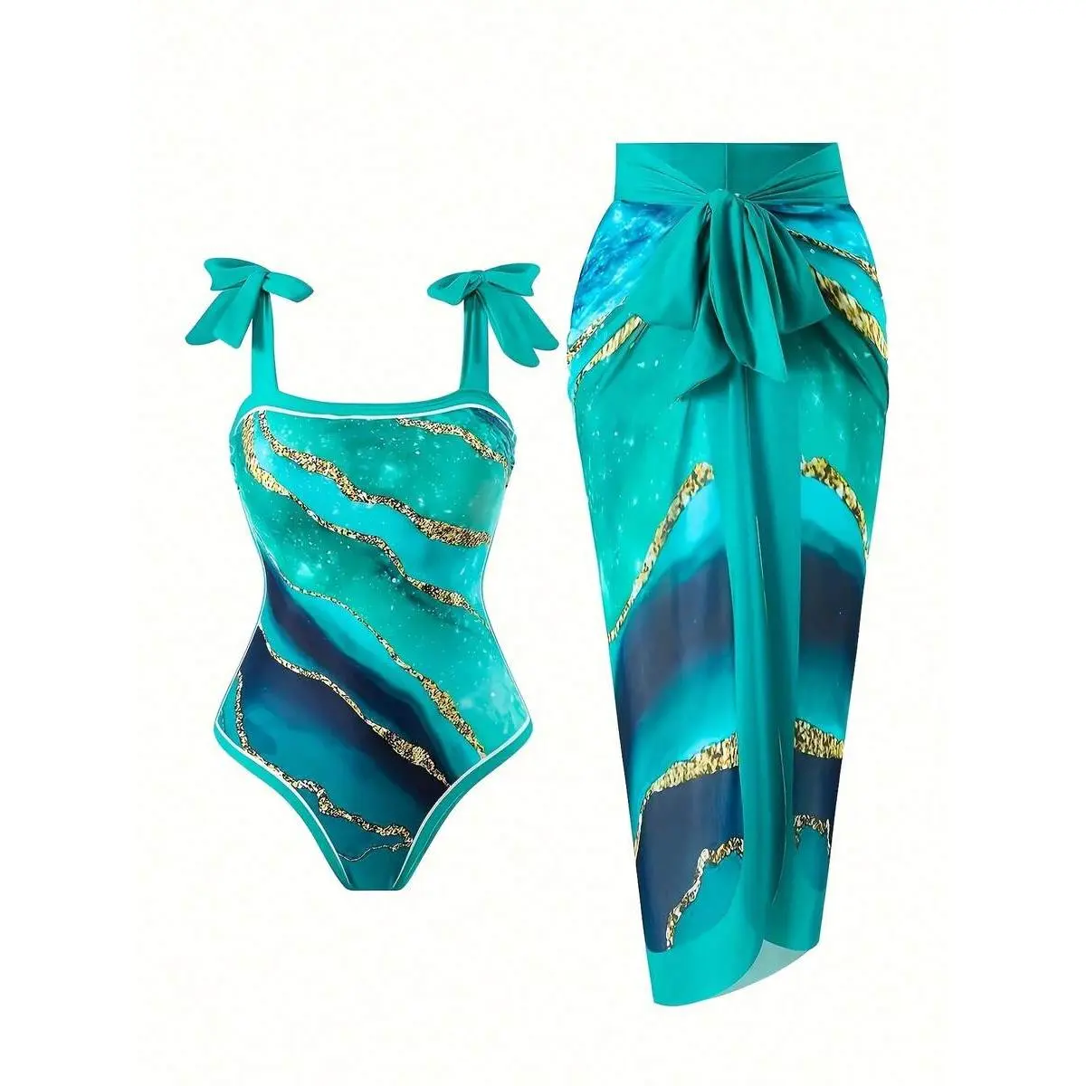 Teal Marble Print Beach Dress With Matching Sarong, Two-Piece Set