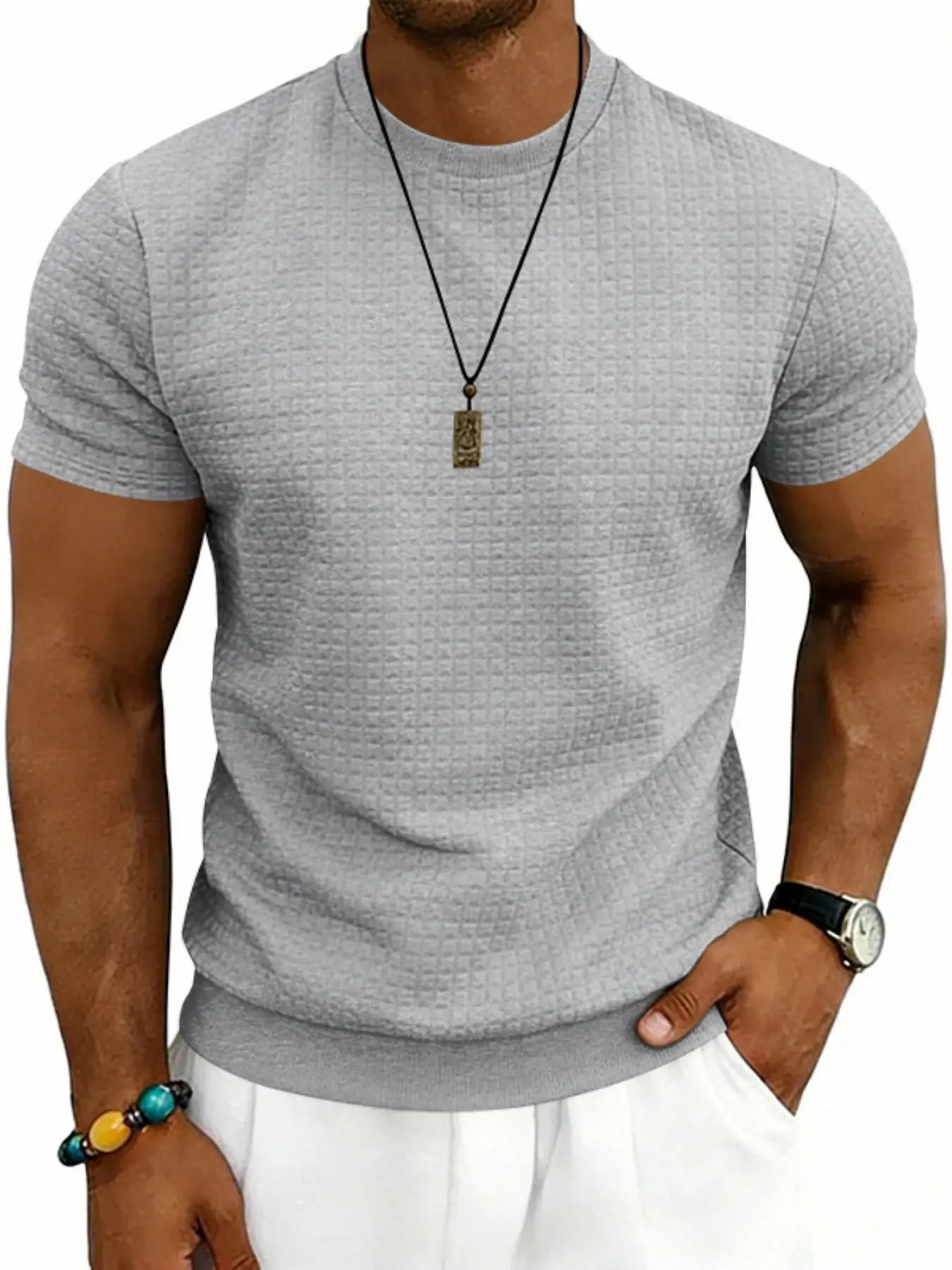 Vintage Classic Waffle Knit Menswear Men's Top, Summer Sports Simple Casual Round Neck Jacquard Check Short Sleeve T-Shirt, Comfortable and Stylish