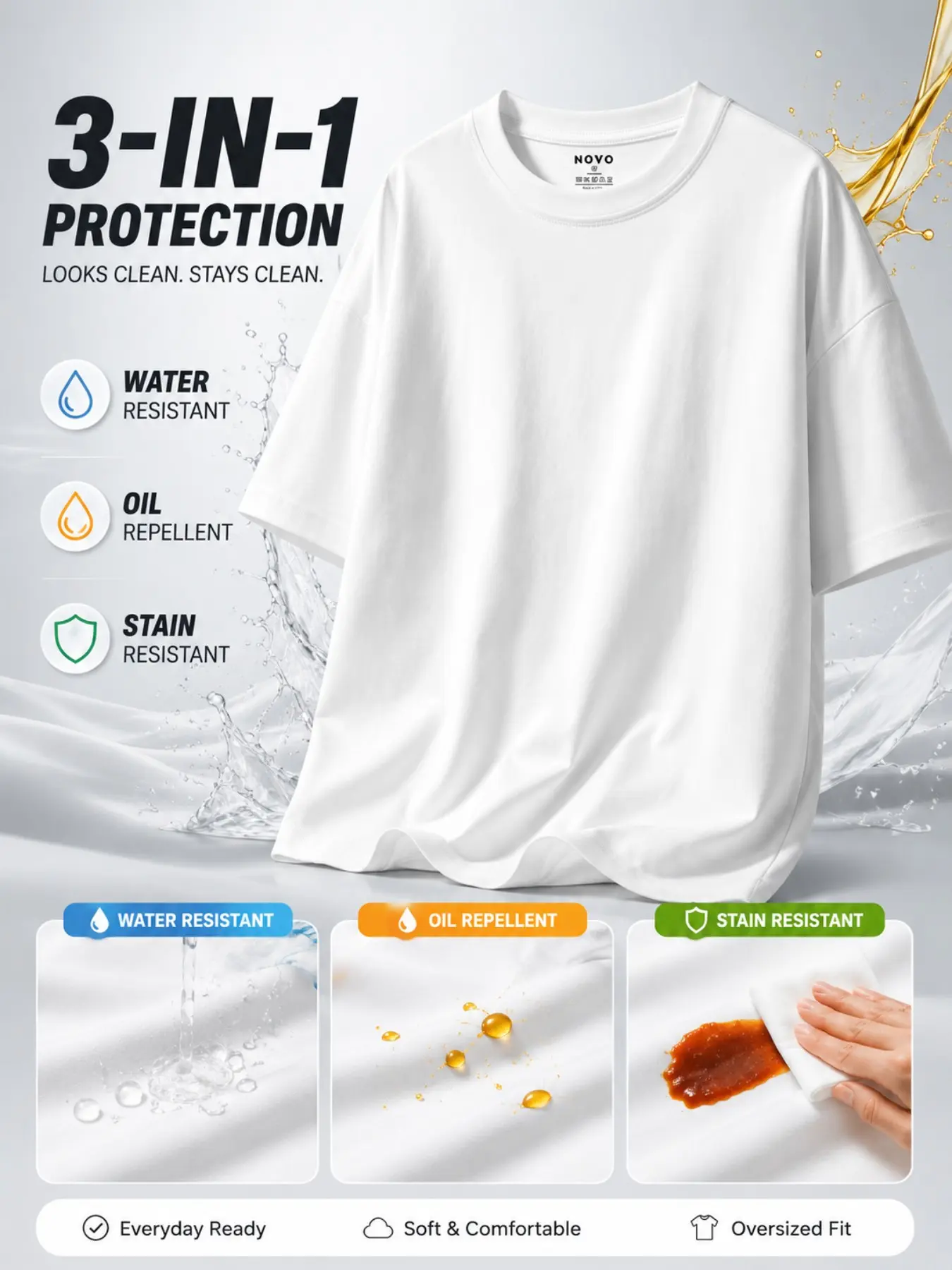 Men's Tech 100% Cotton T-Shirt, Waterproof Oil-Resistant Stain-Proof, Loose Round Neck Short Sleeve, Soft Breathable Fabric, Easy Care Casual Top