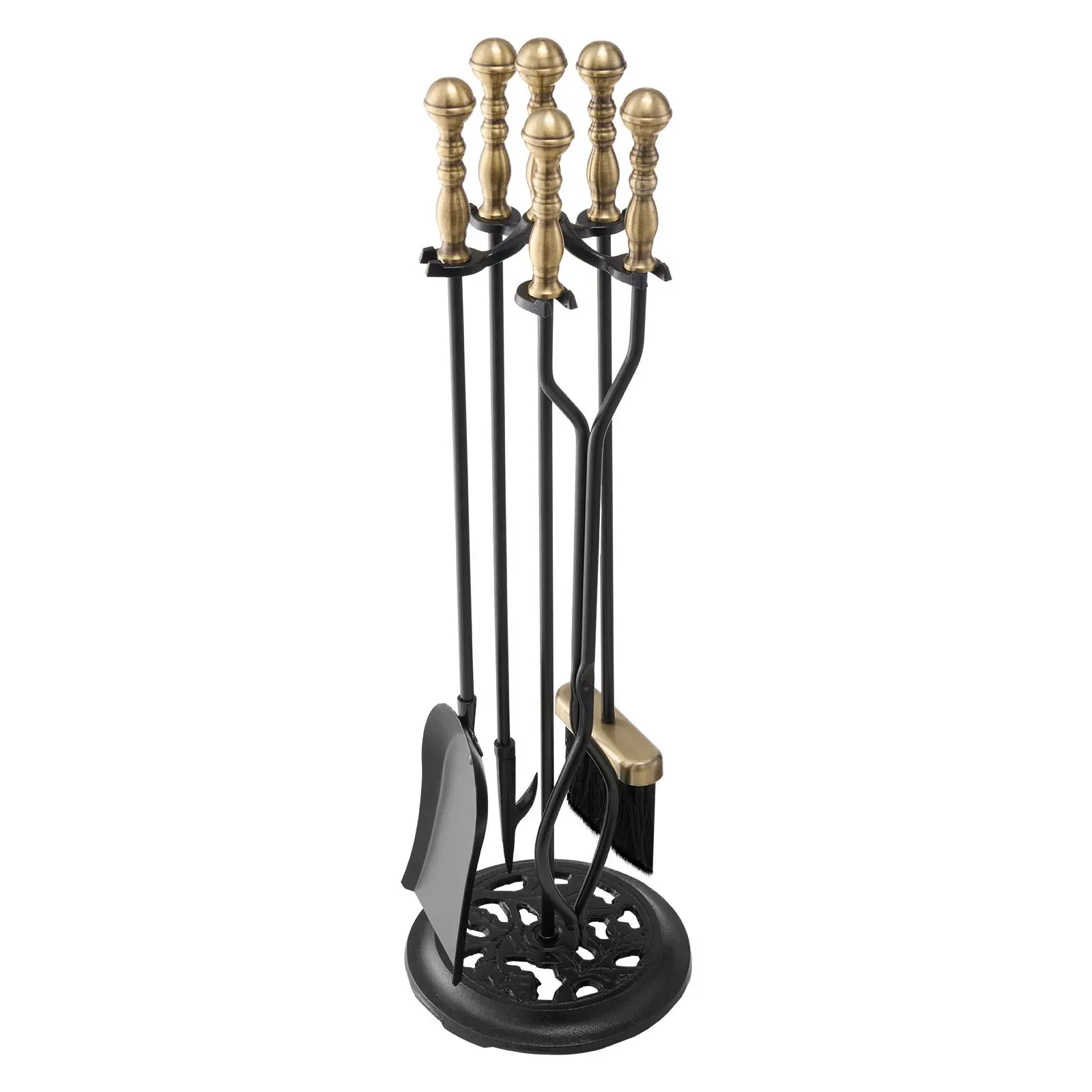 VEVOR Fireplace Tool Set, 5 PCS Fire Tool Set and Holder with Five-Prong Stand, Tongs, Ash Shovel, Brush, Fire Place Poker, Wrought Iron Fireplace Accessories for Indoor/Outdoor, Black Brass