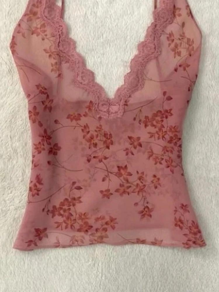 French See Through Sexy Suspender Top Women New Vintage V-neck Lace Vest Hot Girl Print Casual High Street Camis 2000s Outfits