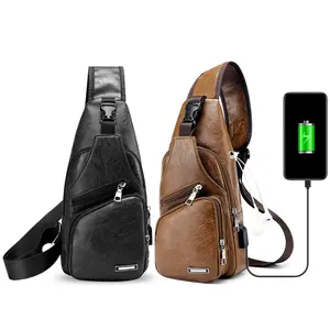 Unisex Crossbody Sling Bag, PU Leather Chest Bag with USB Charging Port, Waterproof Casual Daypack for Daily Use, Travel, Sports, and Hiking Shoulder Bag