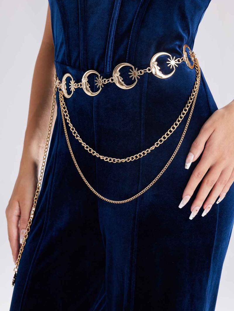 Cider [3 colors, size L/XL-2XL] Star & Moon Layered Waist Chain, Elegant Body Chain for Women, Body Accessories for Wedding Date Vacation