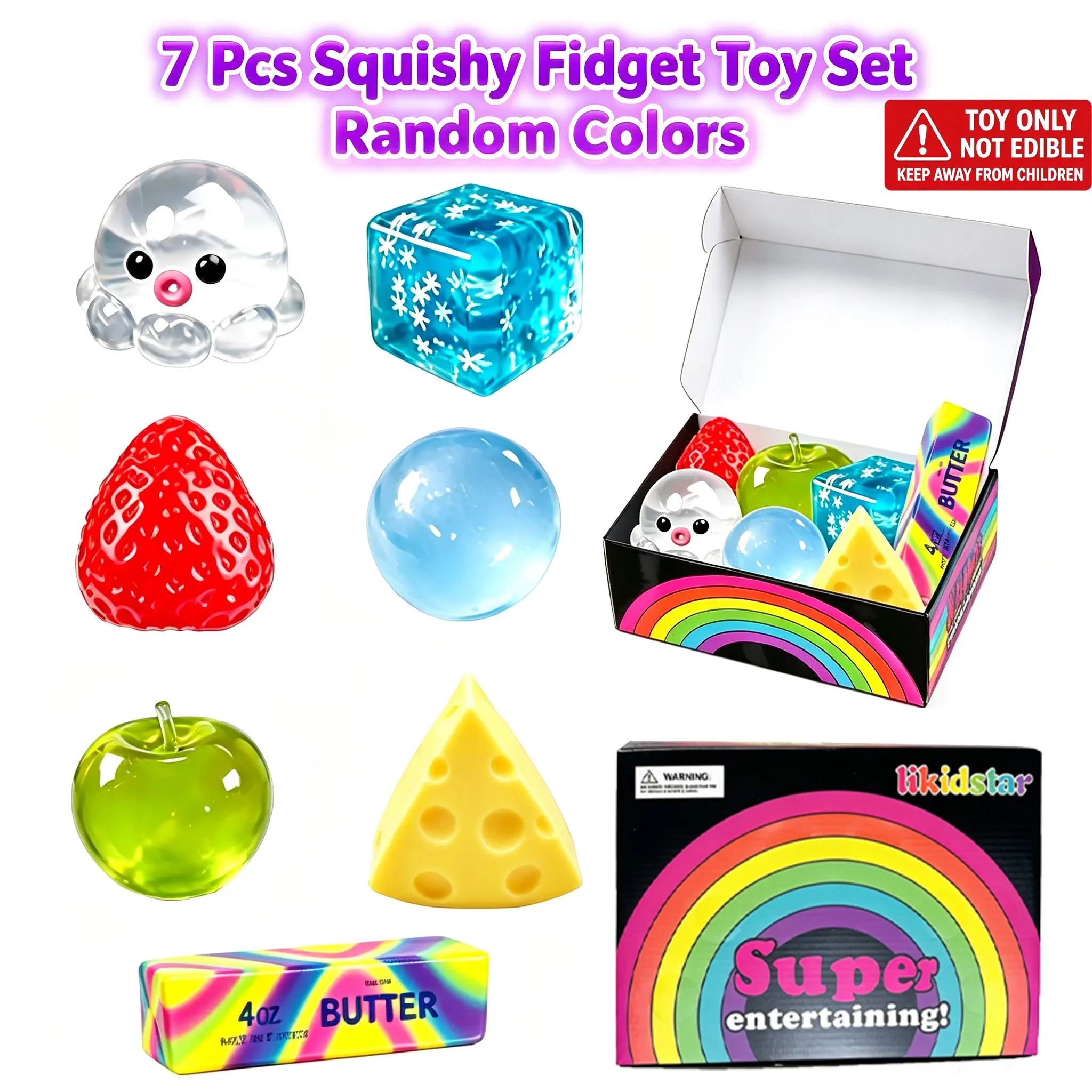 7 Pack Squeeze Squishy Fidget Toys, Cute Washable TPR Stress Relief Toys, Premium Fillers for Christmas Stockings and Easter Baskets, Novelty Holiday Gifts for Kids, Teens & Adults, Random Color