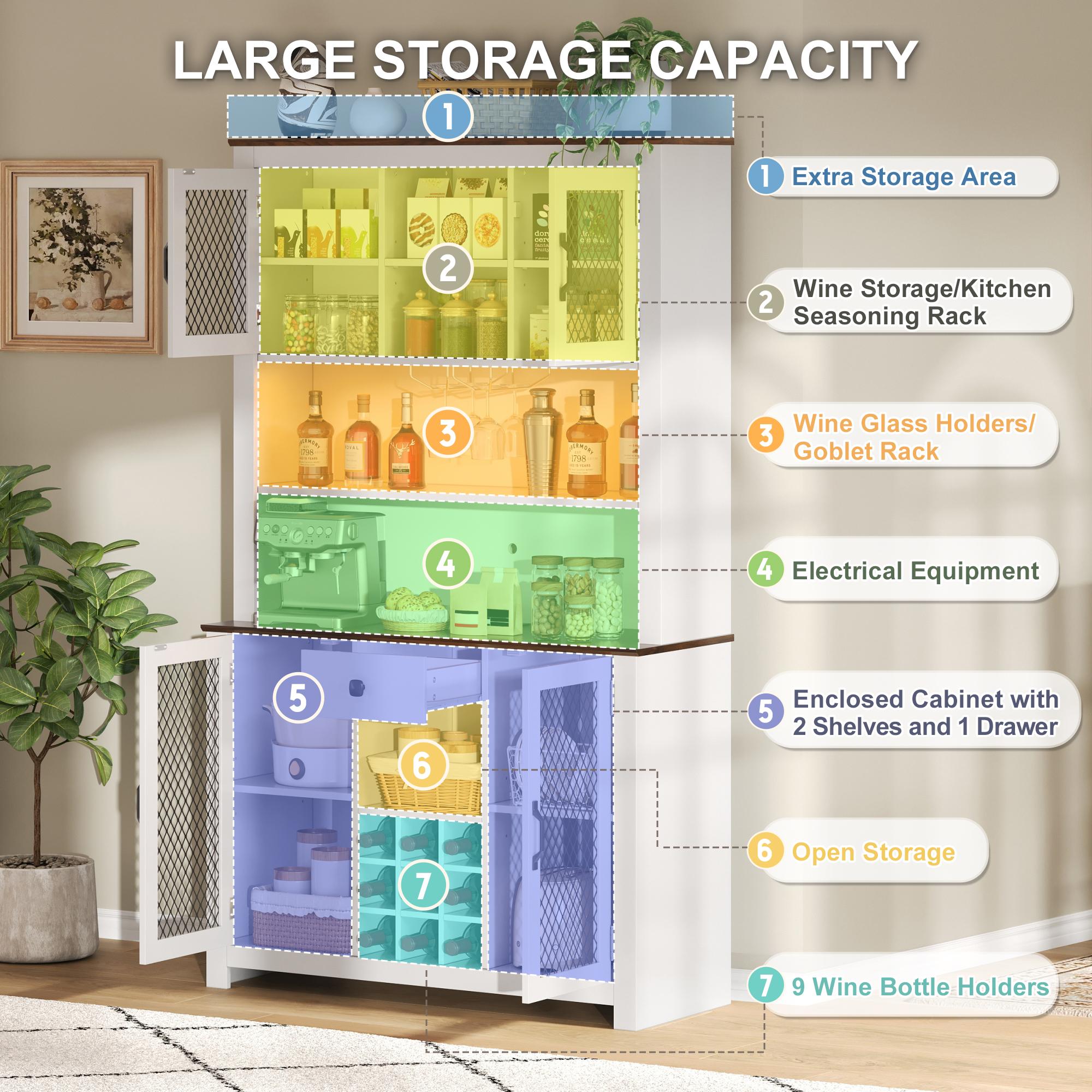 (2 package) 70.9" Kitchen Pantry Storage Cabinet Rustic Buffet Cabinet, Kitchen Hutch Cabinet With LED Outlets Food Pantry Cabinet With Doors And Shelves Wine Rack For Dining Room, White/Navy blue