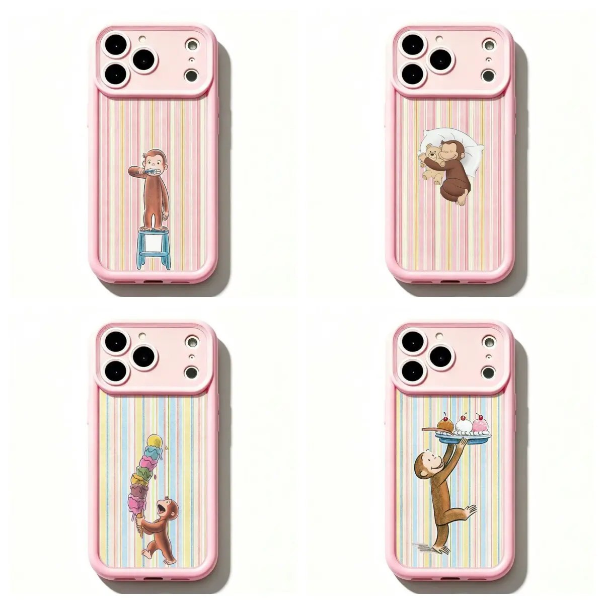 4 Styles Pink Stripe Curious George Cartoon Monkey Phone Case Ice Cream Sleepy Monkey Protective Cover for iPhone 11 12 Mini 13 Mini 14 15 16 17 Air Pro Max Samsung S26 S25 S24 S23 S22 S21 Gift for Kids and Monkey Lovers