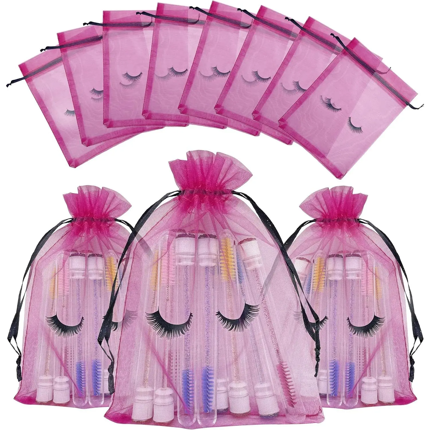 100 Pack Eyelash Aftercare Bags Eye Lash Makeup Bags Drawstring Mesh Empty Beauty  Bags  Bag Organza Pouch for Women Girls Makeup  Supplies, Rose Plus Black, 5 x 7 Inches,