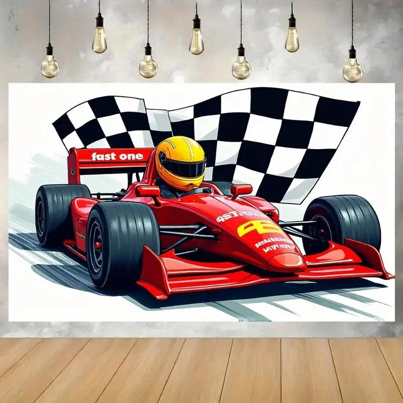 1 racing car background banner - a bright red Formula One racing car with a checkered flag design and birthday decoration