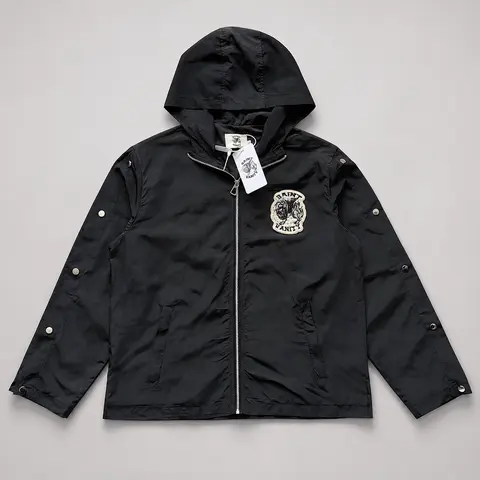 SAINT VANITY Embroidered Willow Nail Trench Coat Men Streetwear Techwear Hooded Jacket Zip Up Windbreaker Urban Casual Outerwear Y2K Grunge Fashion