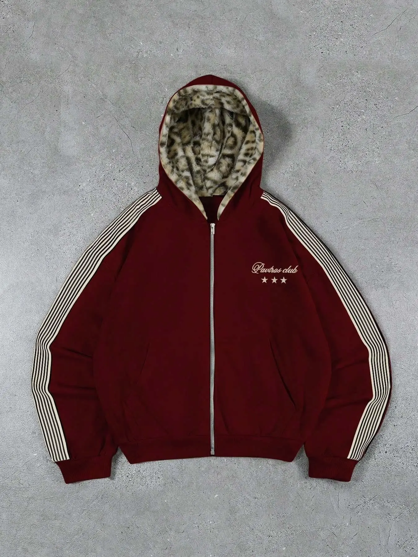 Men's gray striped zip-up hoodie jacket with leopard print fleece lining featuring letter and star embroidery, made of soft and comfortable fabric, perfect for everyday street walks, skateboarding, and hip-hop gatherings.