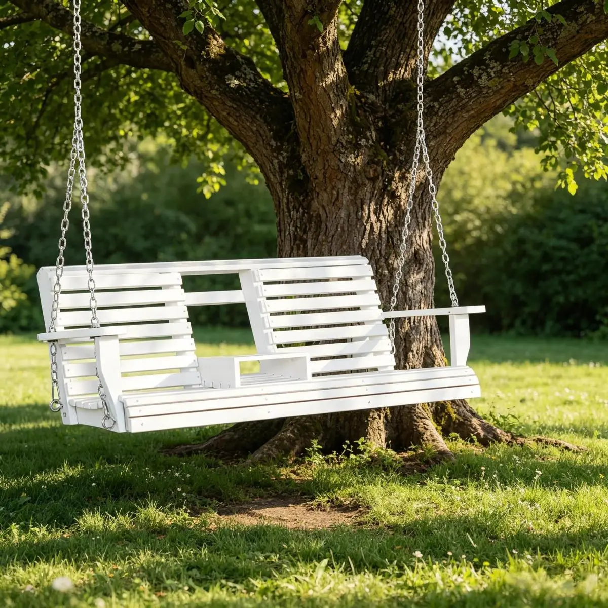 Aobtkel Casual Classic 440 lbs Weight Capacity 3-Seater Stable Wooden Porch Swing Bench, Patio Swing with Folding Coffee Table, Cup Holders, Chains Included for Friends and Family