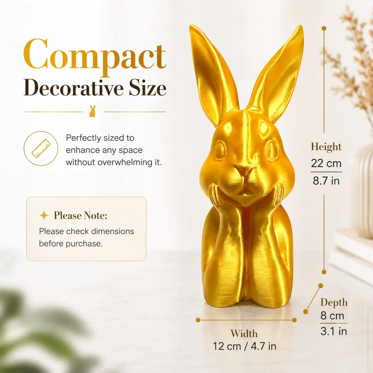 Golden Bunny Rabbit Figurine, Cute Sitting Rabbit Statue with Metallic Finish, Decorative Easter Bunny Sculpture for Shelf, Tabletop, Desk, Living Room, Spring Holiday & Home Decor