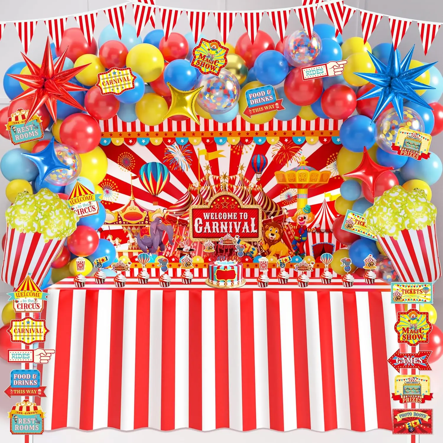 Circus Party Decorations Carnival Theme Birthday Balloon Garland Arch Kit | Red Blue Yellow Balloon Arch Kit, Table Skirt, Directional Sign, Triangle Bunting