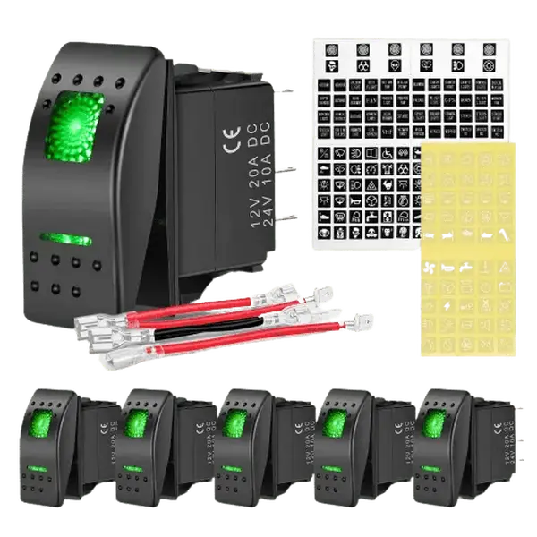 Nilight 6Pcs 5-Pin SPST On-Off Rocker Switch - Green Glow-in-the-Dark Auto Replacement Part, Simple Install for Cars, SUVs, ATVs