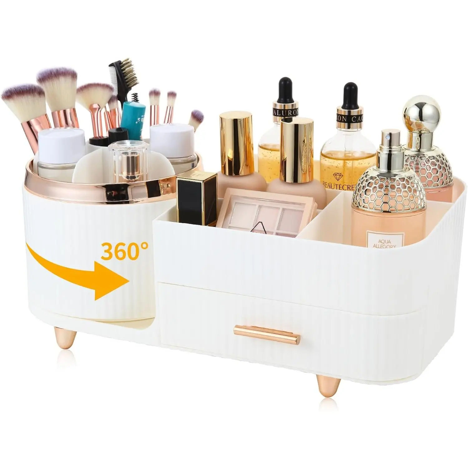 White 3016 Model 360-Rotating Countertop Makeup Organizer with Drawer - Smooth Large-Capacity Skincare & Synthetic Brush Storage Boxes, Bathroom Desktop Display Case, Ideal Gift