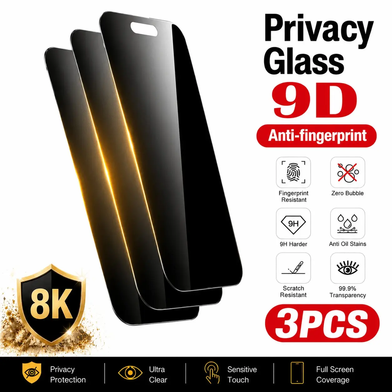 3-Pack 9D Full Screen 8k HD Anti-Spy Tempered Glass Film, 9h Hardness, Scratch-Resistant, Oil-Repellent, Fingerprint-Free, Bubble-Free