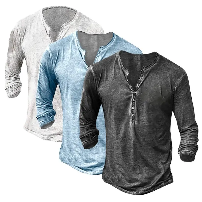 Beotyshow Mens Distressed Henley Shirts Retro Long Sleeve Tee Shirts Casual Button Down Washed T-Shirts for Men Cotton Menswear Father's Day Gift Shirt