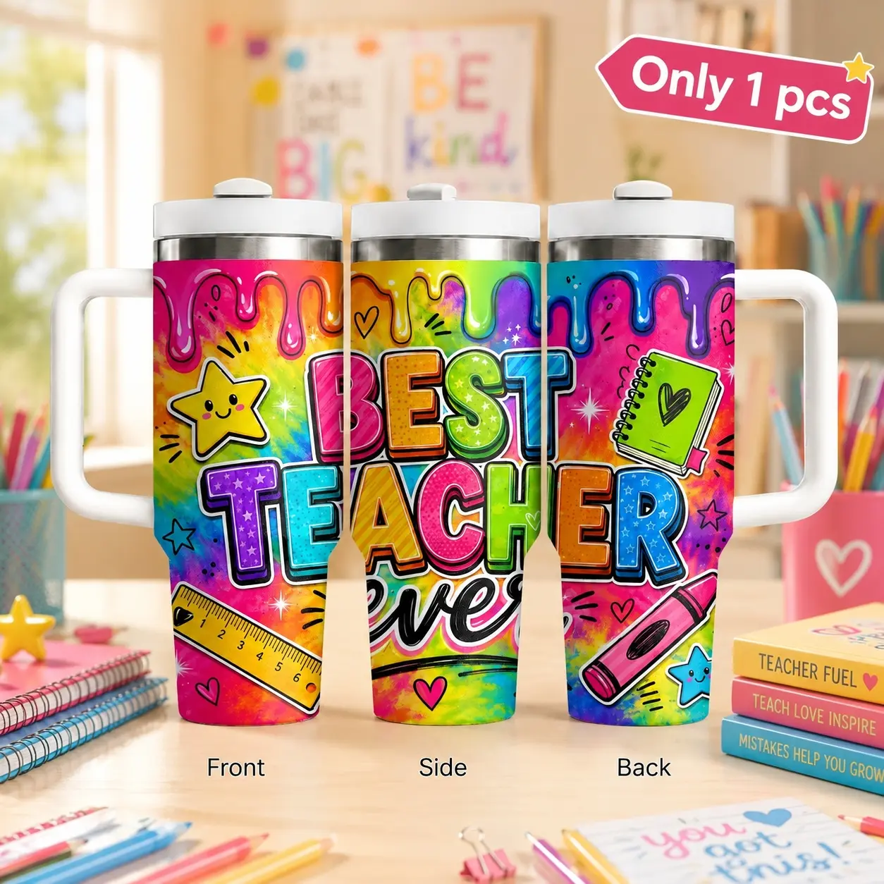 40oz Teacher Gift Tumbler with Handle and Straw Lid, Best Teacher Classroom Water Cup, Colorful School Supplies Design Stainless Steel Vacuum Insulated Travel Mug, Leak Resistant Coffee Cup for Office School Gym