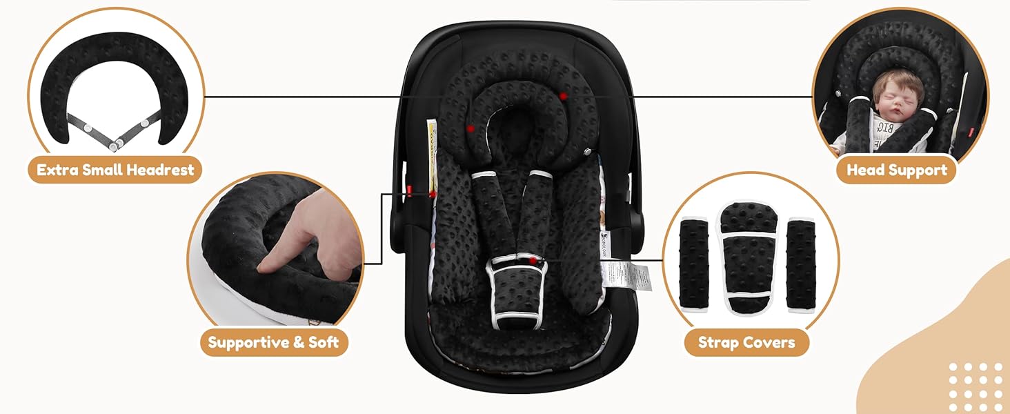 Infant Car Seat Insert with Removable Cushion for Baby Preemie Newborn Infant, Reversible carseat Insert Head Body Support Fits for Stroller, Baby Swing, Rocker, Bouncer, Bassinet - Black