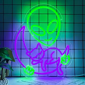 Alien-shaped neon wall light featuring an alien holding a cat; USB-powered with adjustable brightness; suitable for bedrooms, living rooms, science centers, game rooms, home theaters, and alien-themed parties; creates an atmospheric vibe
