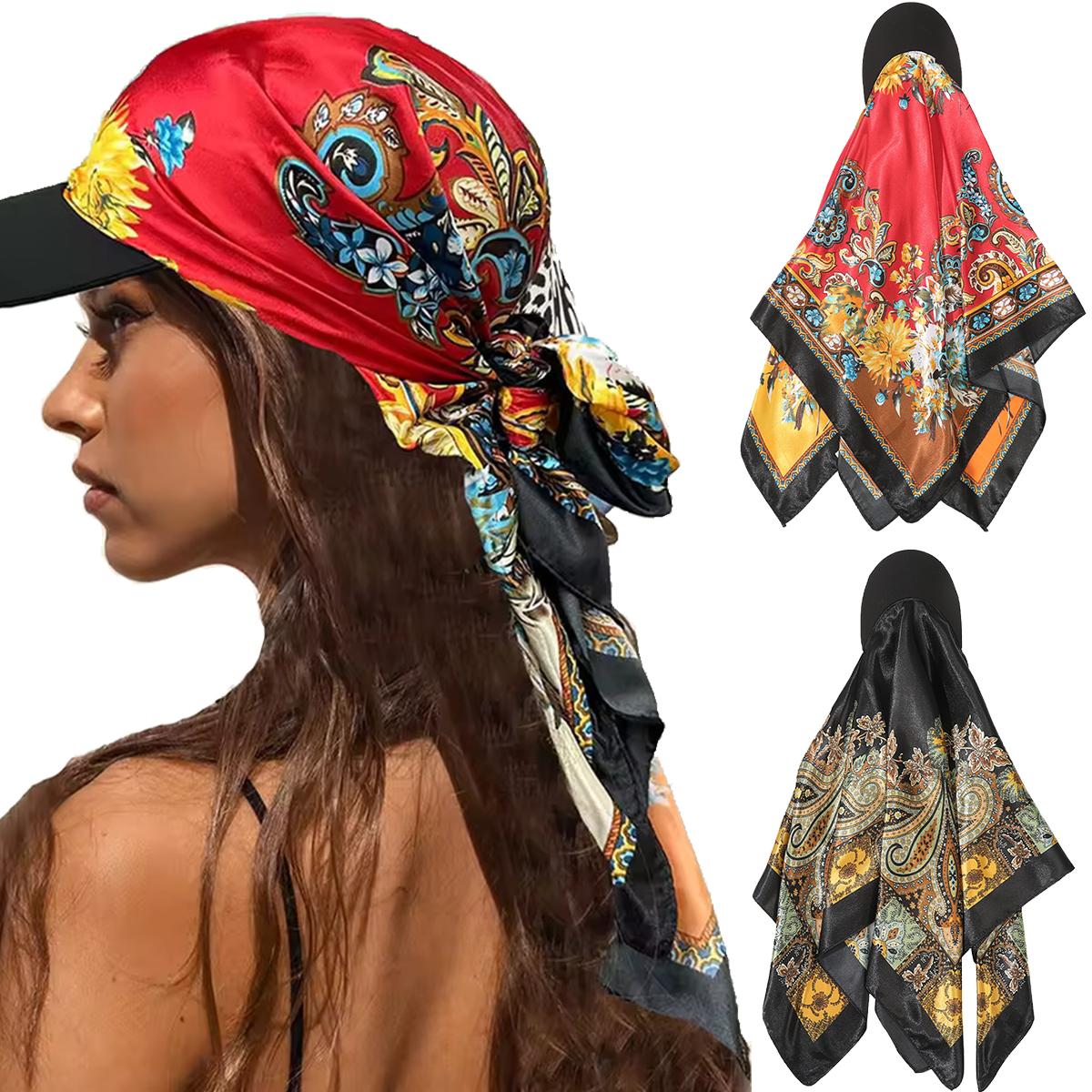 AWAYTR Black Square Scarf Hat for Women Bohemia Hawaii Retro Bandana Cap Printing Headscarf Hat Peaked Cap Sunshade Hair Accessories