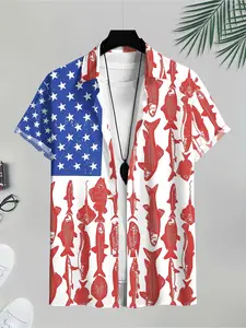 New men's casual 3D star flag red fish printed shirt