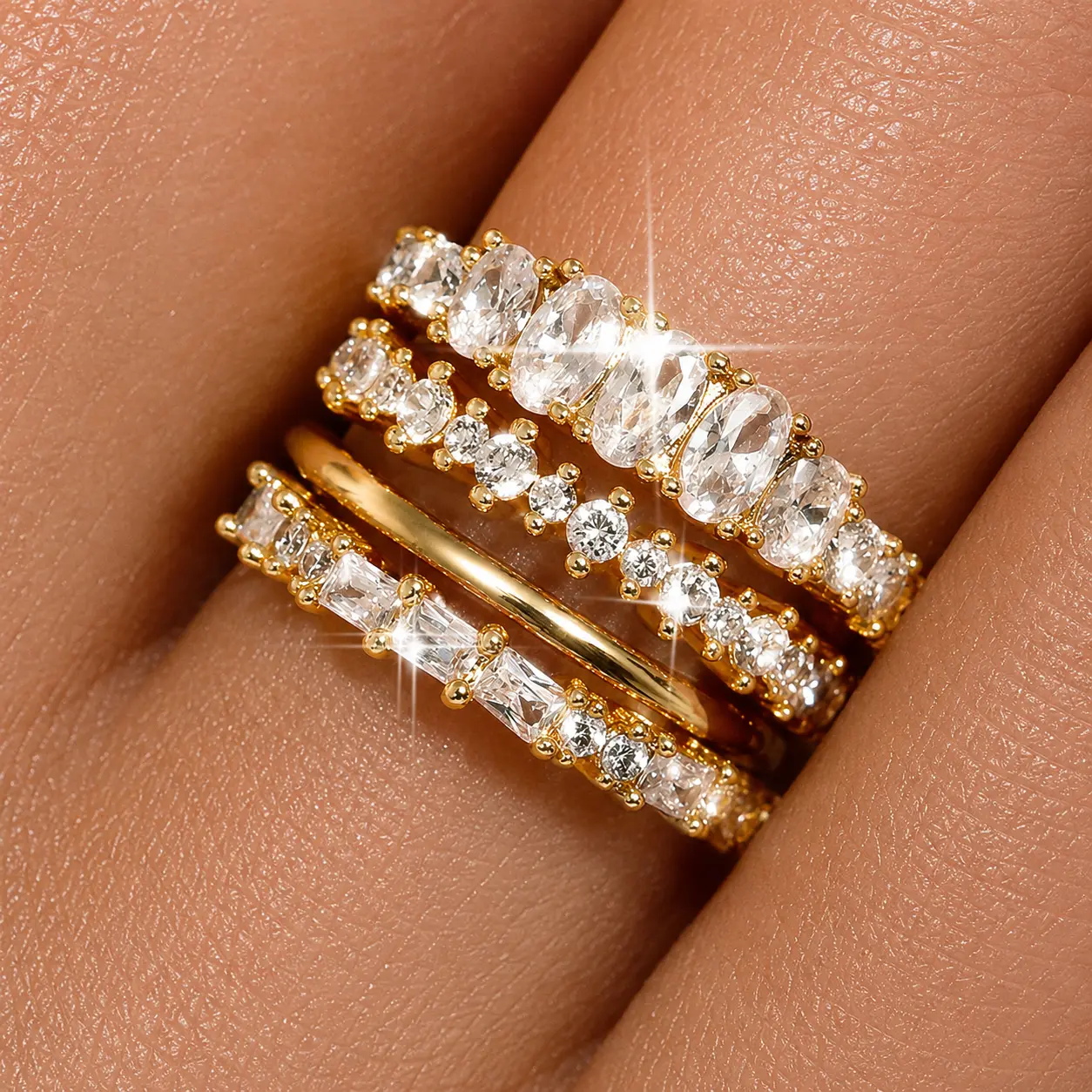 4Pcs Luxurious Stackable Rings Set, 14K Gold Plated Women Rings, Non Tarnish Engagement Wedding Bands Dainty Cubic Zirconia Wedding Ring Set, Trendy Statement Promise Thumb Rings Stacking Size 6-10