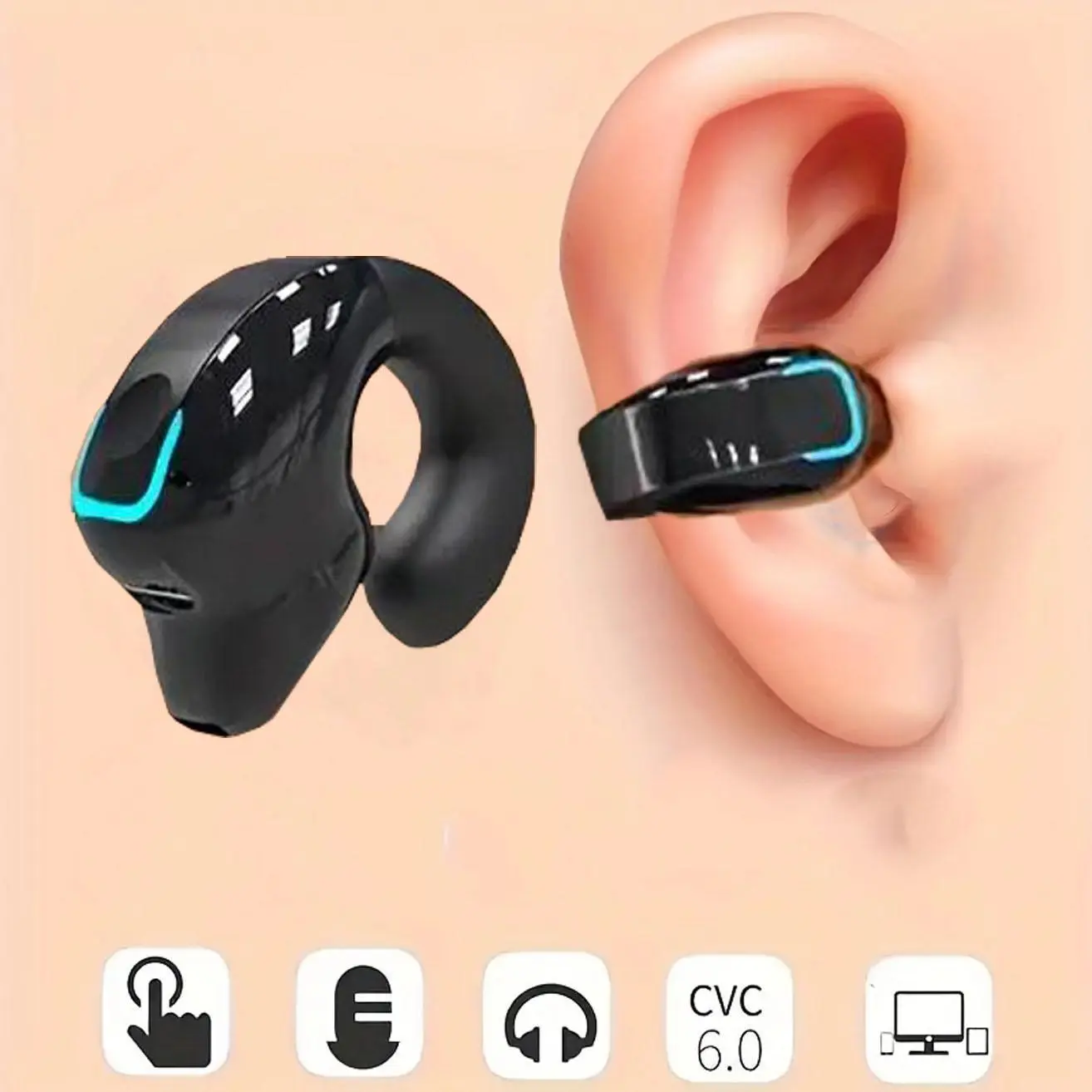 Wireless Single Ear Earphone, Clip-on Design Earbuds with Long Battery Life, Universal Phone Control & Voice Call Noise Cancellation Earbuds for Sports, Audio, Noise Canceling Earbuds