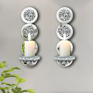 2 Piece Crystal Shattered Diamond Candle Wall Lamp, Elegant Silver Color Mirror Wall Light, Round Glass Wall Decor for Home, Living Room, Dining Room