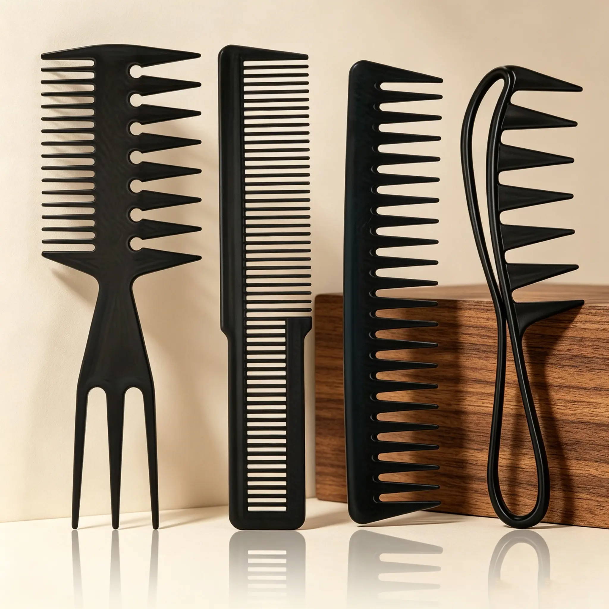 4-Piece Professional Barber Hair Styling Comb Set, Anti Static Wide Tooth Detangler, Double Sided Cutting Comb, Backcombing Teasing Pick Comb for Salon Haircut Styling Tools