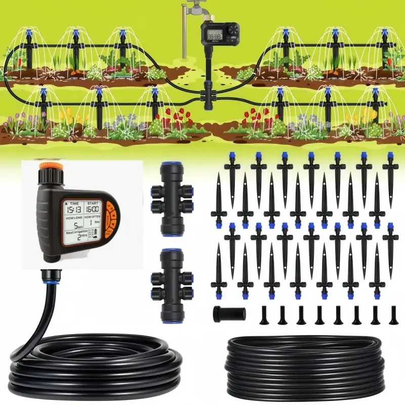 Automatic Drip Irrigation Kit with Water Timer, Quick Connect Garden Watering System, Easy Programmable Hose Timer, Outdoor Watering Solution, Automatic Irrigation Equipment, Plant Watering Devices