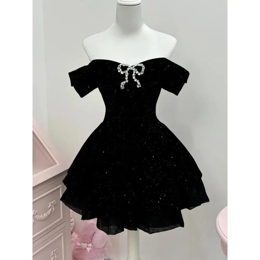 French Black Vintage One Piece Dress Woman Gothic Off Shoulder Bow Short Dresses Female Fairy Birthday Party Chic Outfit 2025