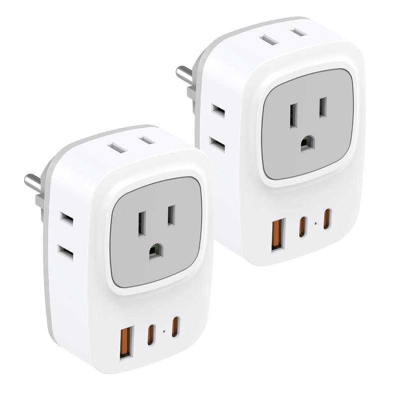 2 Pack European Plug Adaptor -International Travel Charger with  2 USB C, 4 American Outlets and 1 USB A Ports for France Germany Spain Turkey Greece Poland Iceland Russia