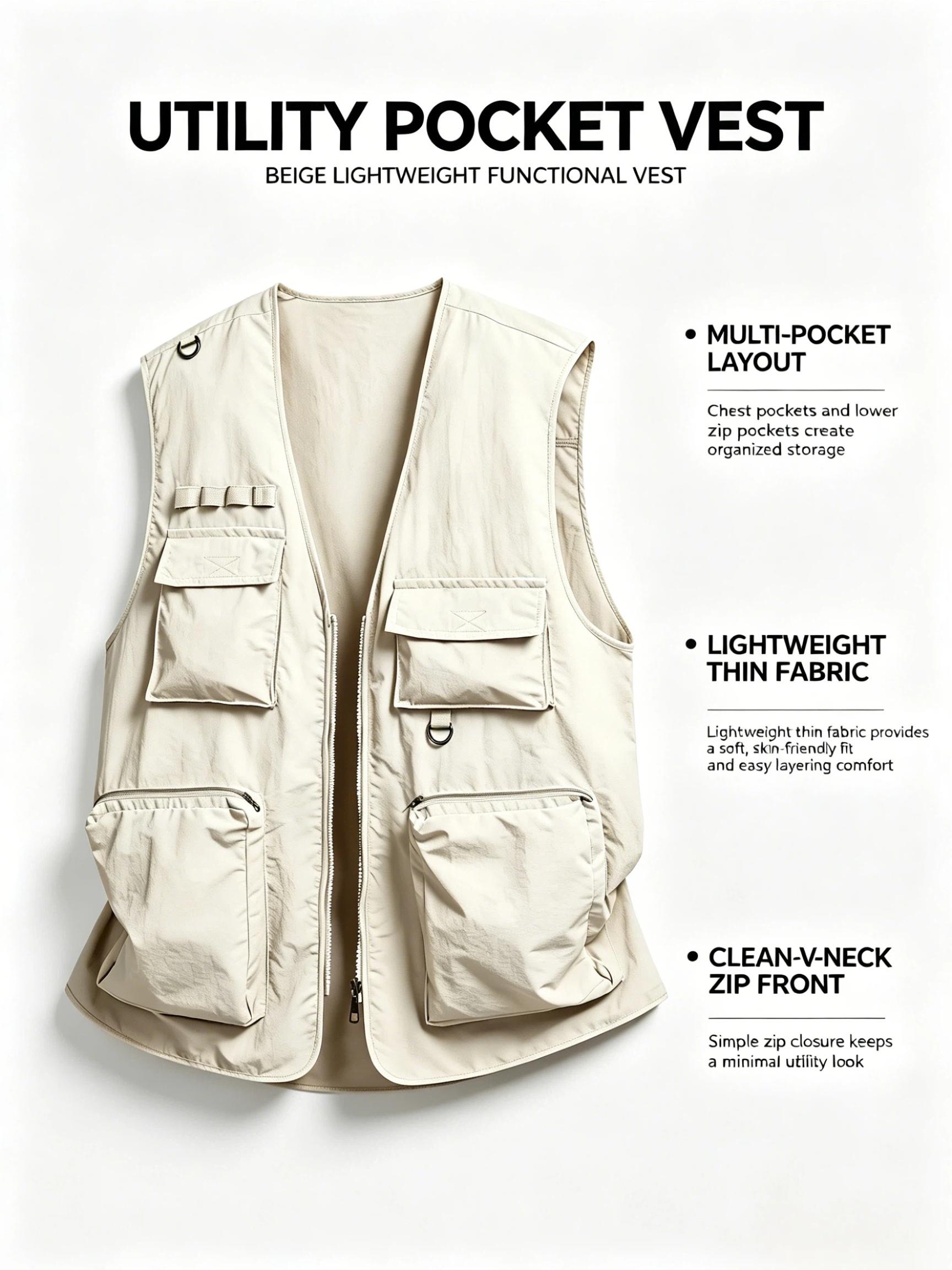 Men's Lightweight Tactical Waistcoat - Casual Polyester Slim-Fit Sleeveless Outerwear with Multi-Pockets, Zip-Up Closure for Outdoor, Streetwear Menswear Tops
