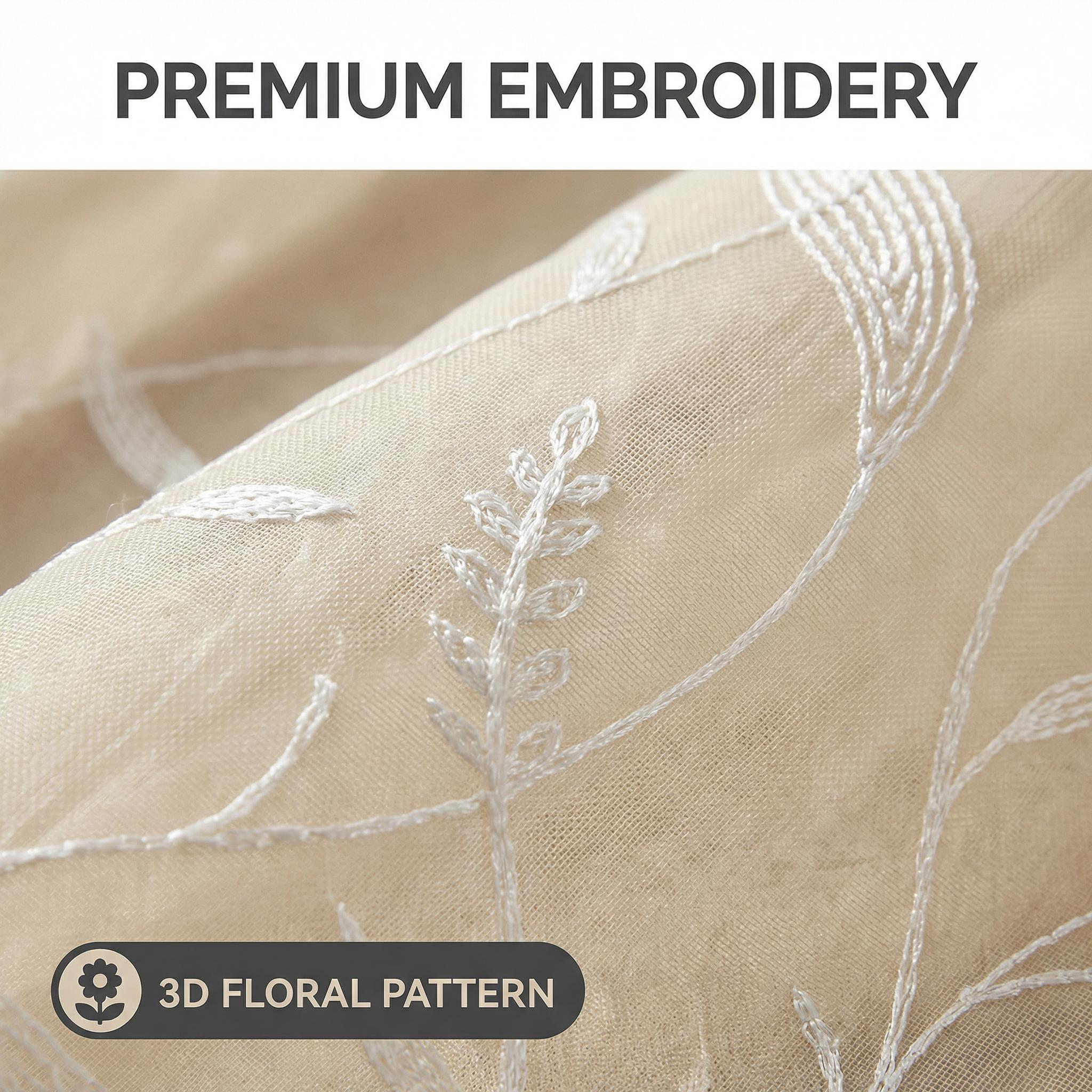 Window Wear 4 Panels 52x95inch Multi-layered sheer fabric embroidered curtains, with vine-shaped patterns, top featuring a rod attachment style. Lightweight, soft texture and good light Suitable for use in kitchens, bedrooms and living rooms L66