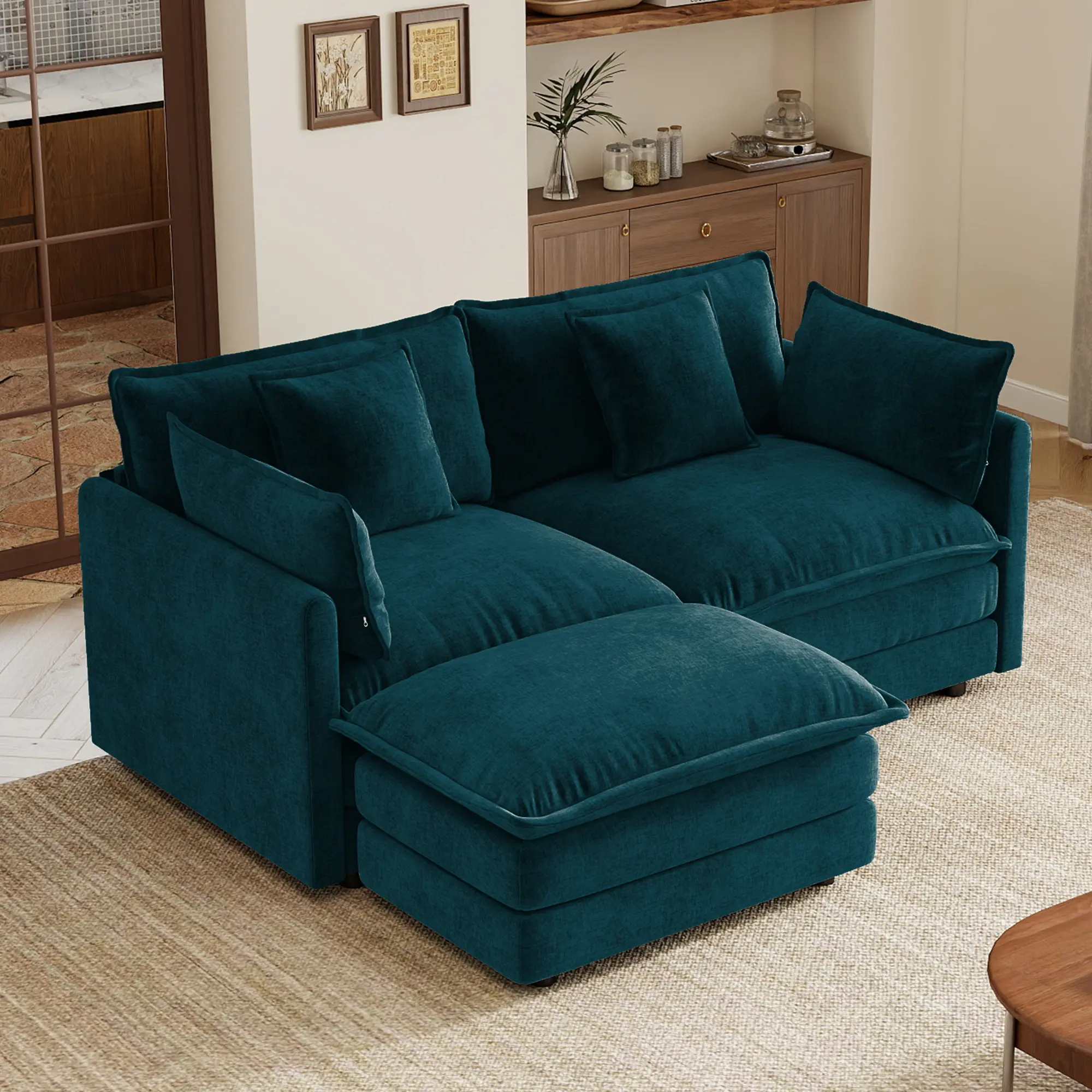 ARCH L-Shaped 2-Seater Sofa with Ottoman for Small Living Spaces, Blue Chenille Modular Couch with 2 Armrest Pillows & 2 Toss Pillows, Easy Assembly, Solid Wood Frame, Comfy Sectional Sofa Set for Apartment, Home Theater, Family Room