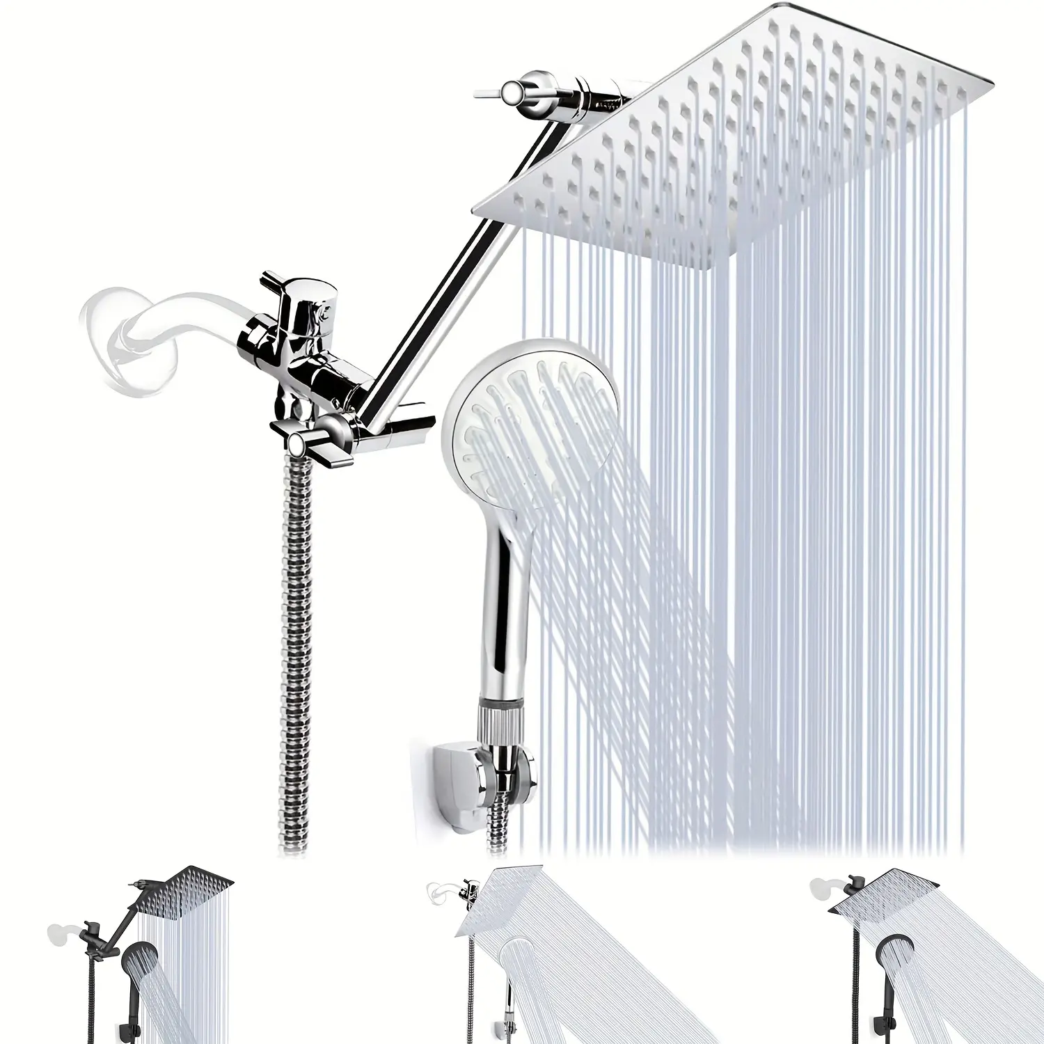 Rain & Handheld Combo Shower Head, 8/10/12 Inch High Pressure Rainfall Shower System with 11 Inch Extension Arm, 3 Adjustable Spray Settings, Anti-Leak Shower Head Kit with Matching Holder & Hose, Freely Adjustable Height & Angle; Separate Shower Combo Wi