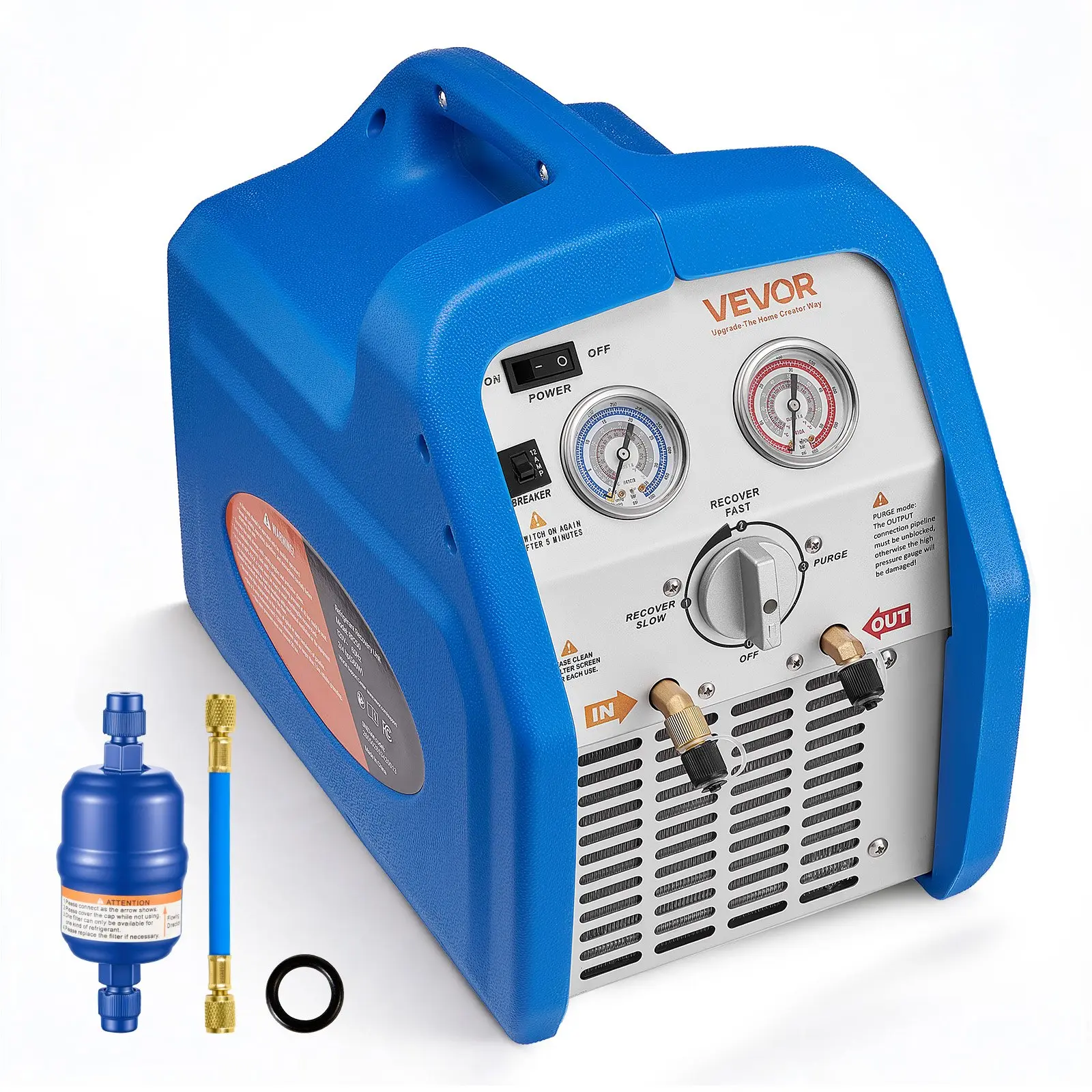 VEVOR RR250 Model Portable Refrigerant Recovery Machine, 3/4 HP 120V 60Hz Single Cylinder Unit with Carry Handle & Auto Purge, 1750 RPM for Liquid Vapor Refrigerant, HVAC Tool with SAE Ports for Automotive AC