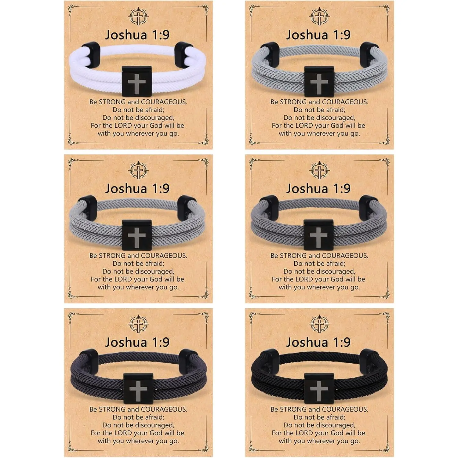 6PCS Christian Cross Motif Strand Bracelets Set - WWJD Religious Jewelry, Resizable Nylon Blend Casual Year-Round Accessory, Easter Gift for Men