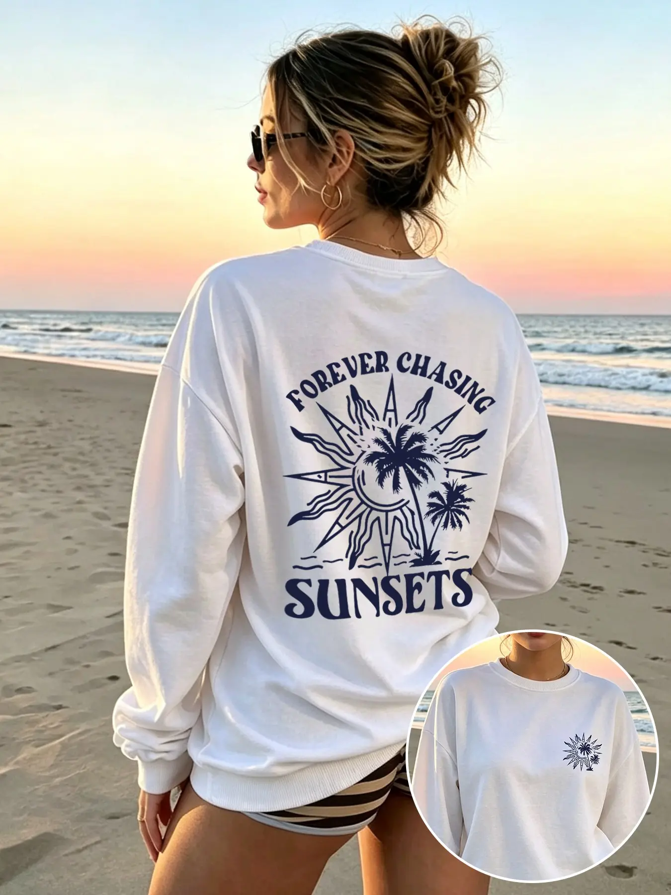 Women's Tropical Coconut Tree Sun Print Round Neck Pullover, Fall Winter Fashion Sweatshirt, Casual Long Sleeve Top for Daily Wear and Vacation